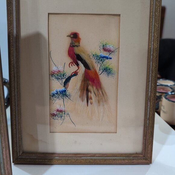 VINTAGE Art Deco Feathercraft Feather Bird Art Framed Set Of 3 - Picture 3 of 10